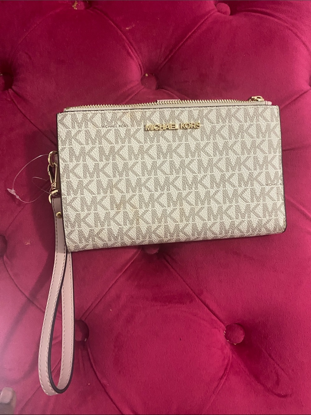 Michael Kors Beige MK Logo Wristlet with Gold Hardware